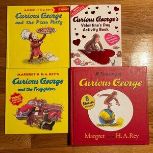 Curious George lot 4 books Treasury, Valentine's Day, Firefighters, Pizza Party